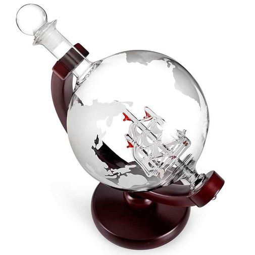 Декантер для напитков на деревянной подставке Глобус с бокалами (2 шт)