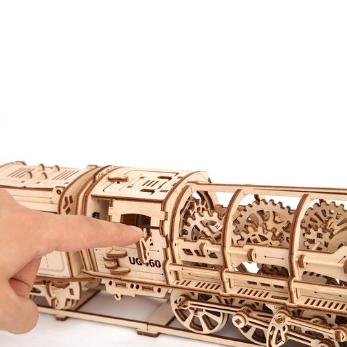 Механический 3D Пазл Ugears Локомотив с тендером Двигается, если завести и нажать на рычаг