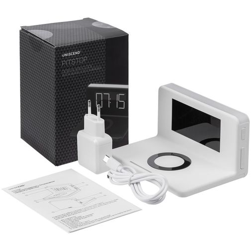 Часы настольные с беспроводным зарядным устройством Pitstop (белый)