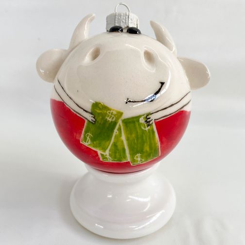 Фарфоровый елочный шар Коровка с баксами (ручная роспись)