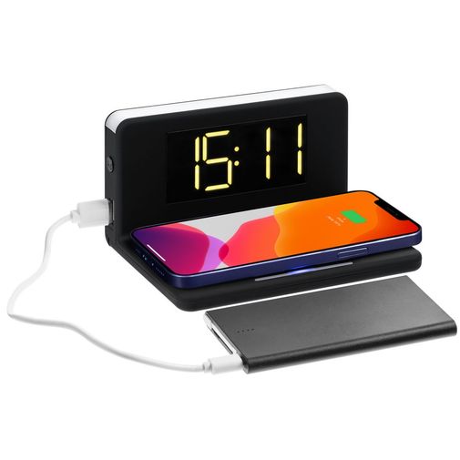 Часы настольные с беспроводным зарядным устройством Pitstop (черный)