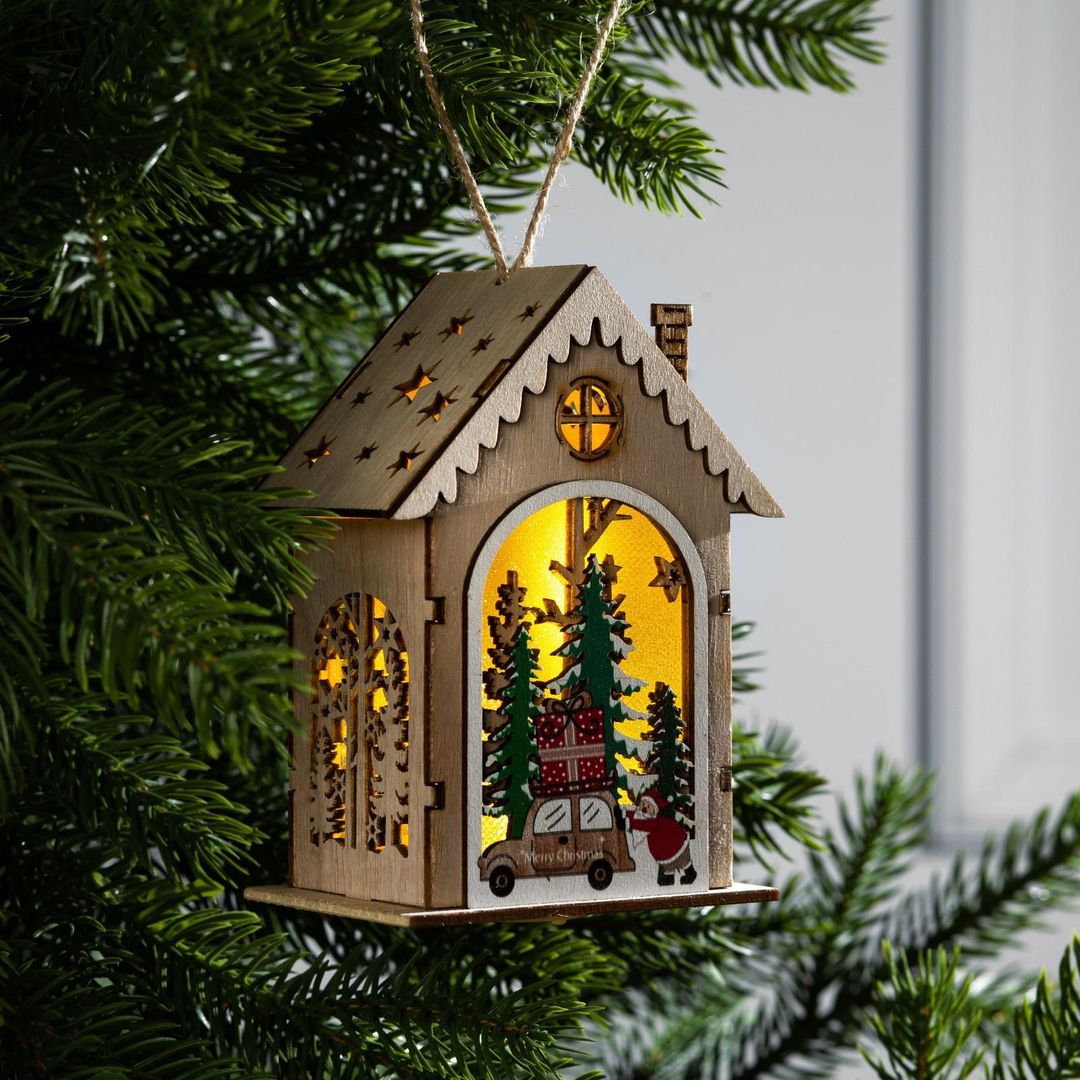 Елочная игрушка Домик с Дедом Морозом и машиной
