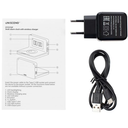 Часы настольные с беспроводным зарядным устройством Pitstop (черный)