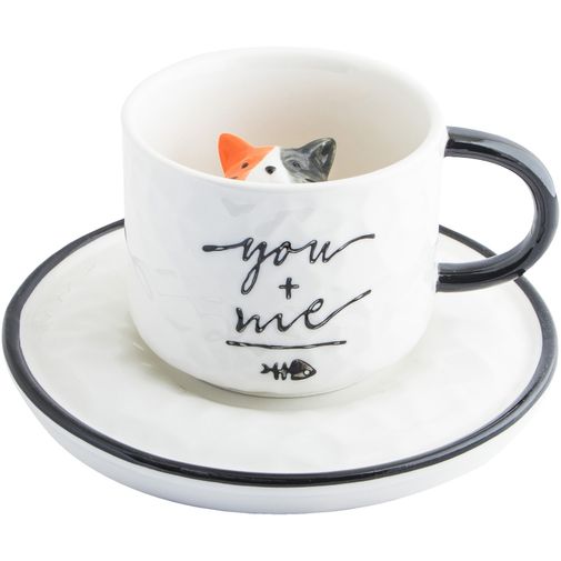 Кружка с блюдцем Котик на дне