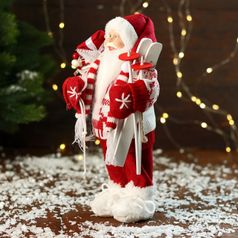 Дед Мороз В вязаном костюме, с лыжами и мешком (30 см)