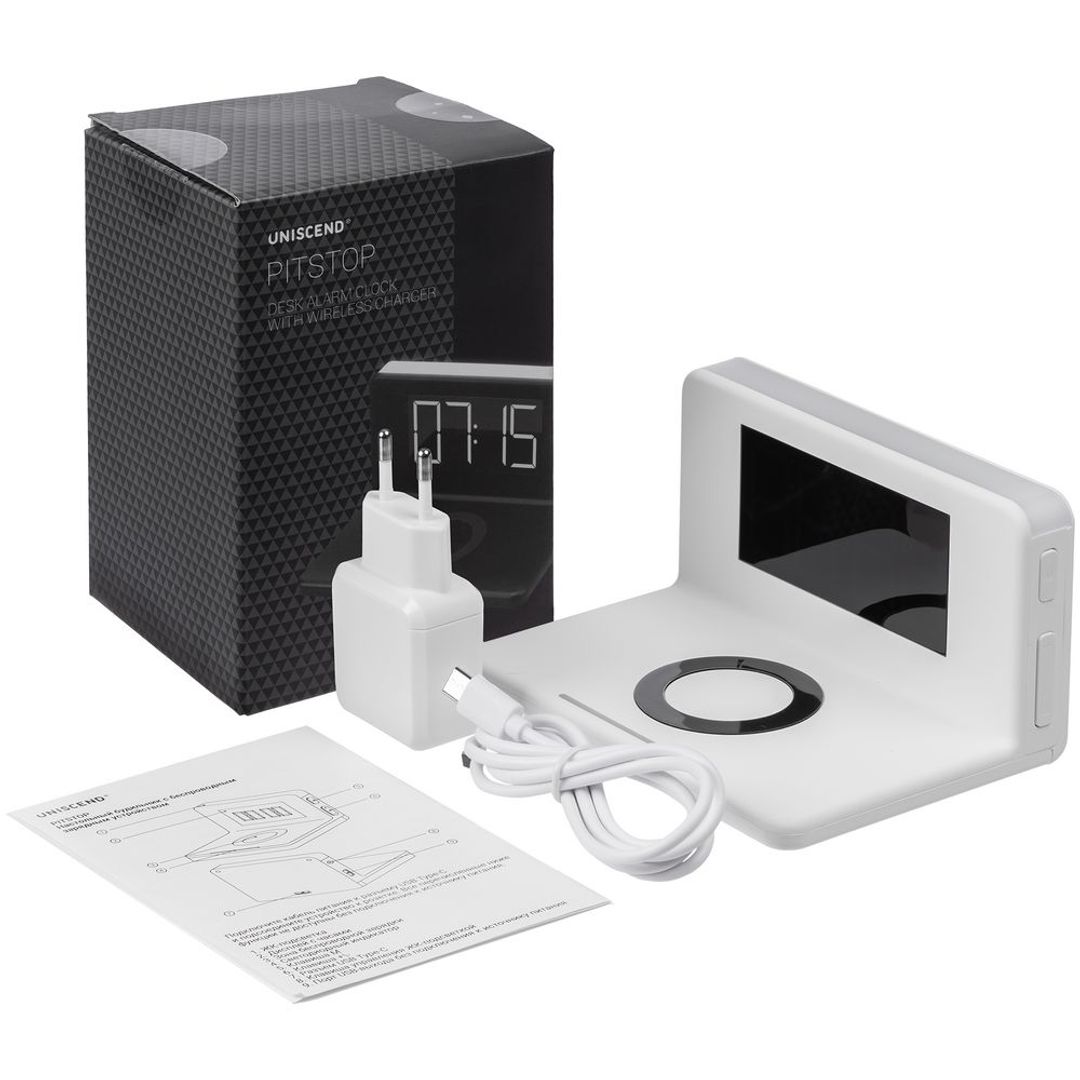 Часы настольные с беспроводным зарядным устройством Pitstop (белый)