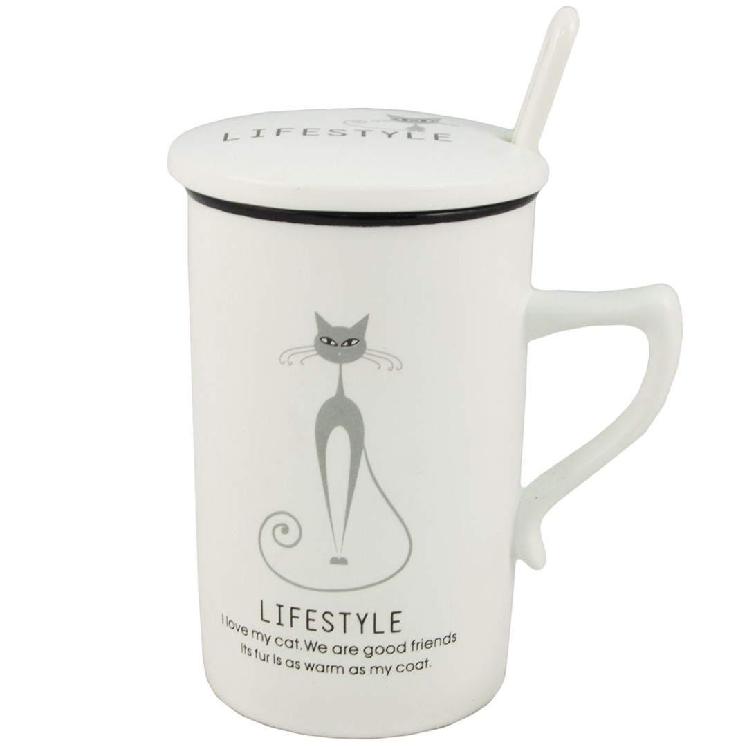 Кружка с крышкой и ложкой Котики (Серый котик) Кружка с крышкой и ложкой Котики (Серый котик)