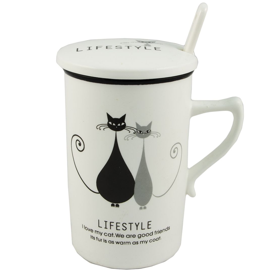 Кружка с крышкой и ложкой Котики (Черный и серый котики) Кружка с крышкой и ложкой Котики (Черный и серый котики)