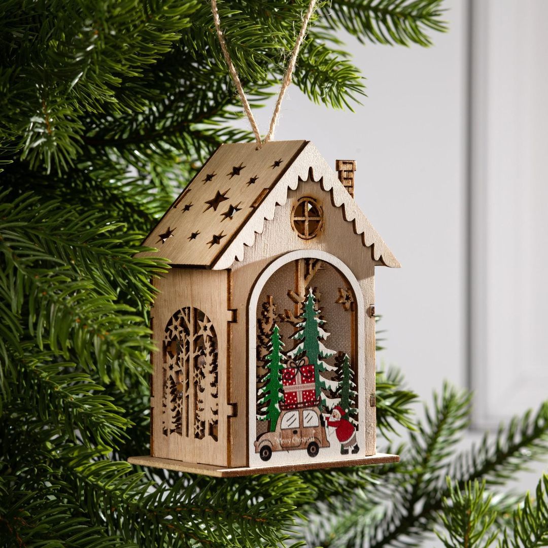Елочная игрушка Домик с Дедом Морозом и машиной