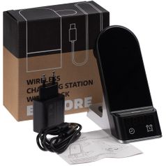 Зарядная станция c часами E-Store для смартфона, часов и наушников (Черная)