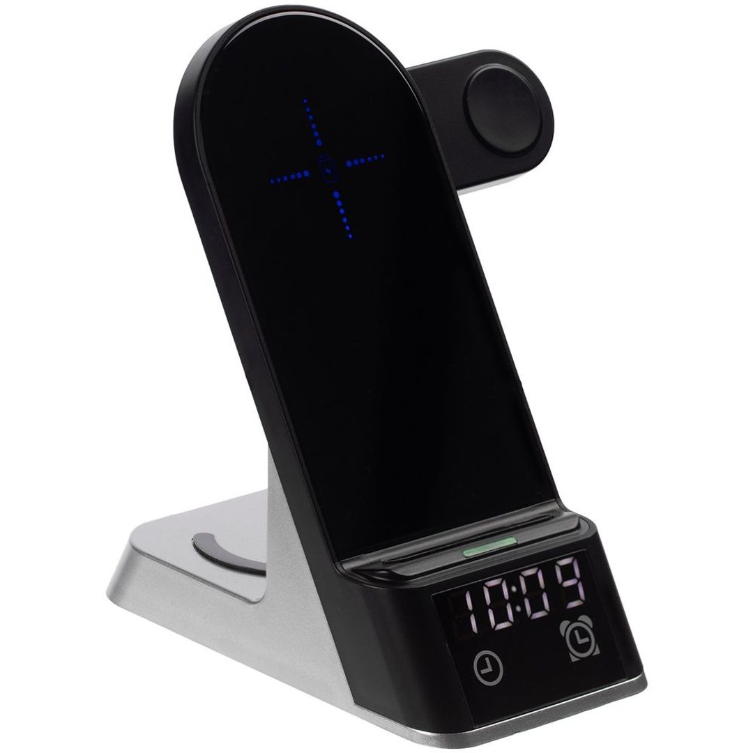 Зарядная станция c часами E-Store для смартфона, часов и наушников (Черная) Зарядная станция c часами E-Store для смартфона, часов и наушников (Черная)