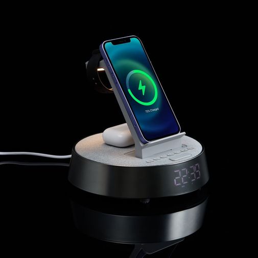 Bluetooth-колонка с беспроводной зарядкой и часами netEnergy (серый)