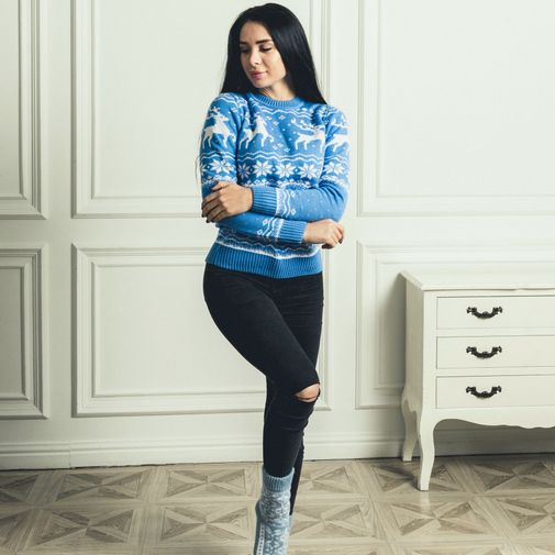 Свитер голубой с оленями Иней Свитер голубой с оленями Иней