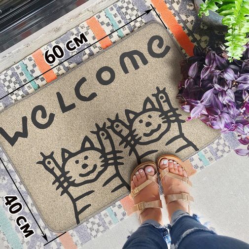 Коврик для входной двери 2 кота Welcome! (бежевый)