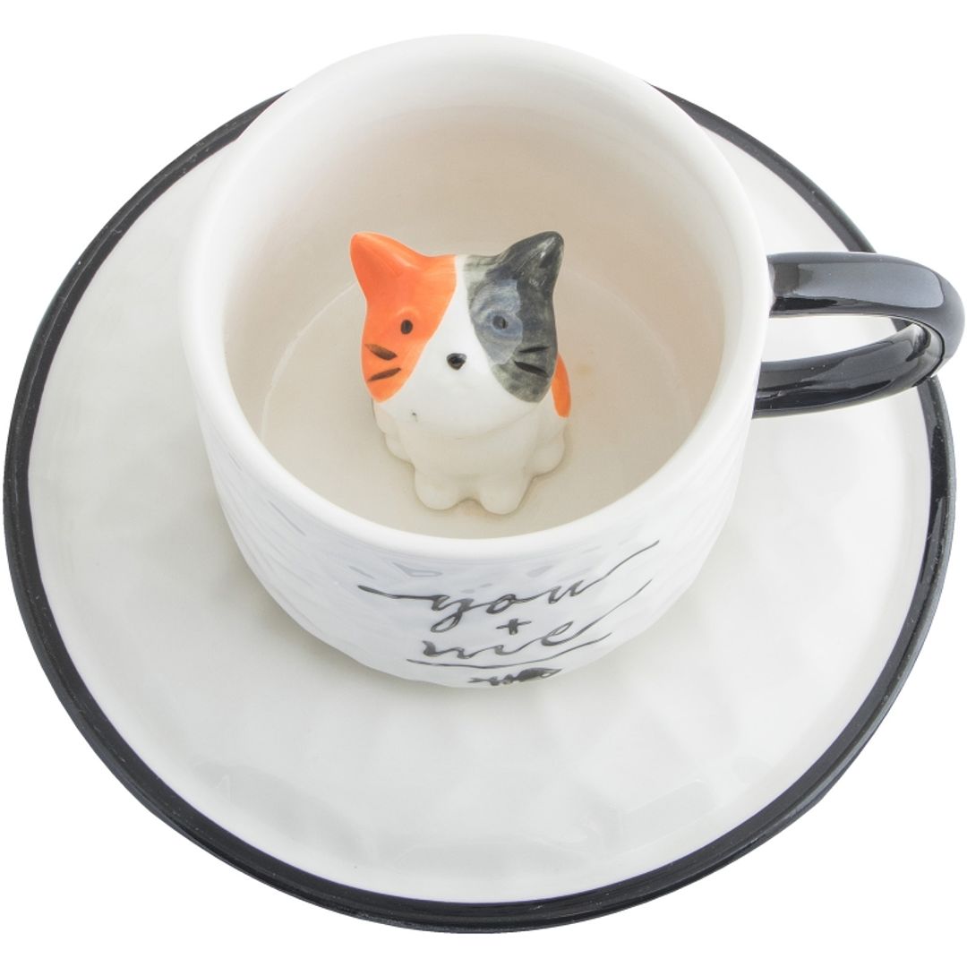 Кружка с блюдцем Котик на дне