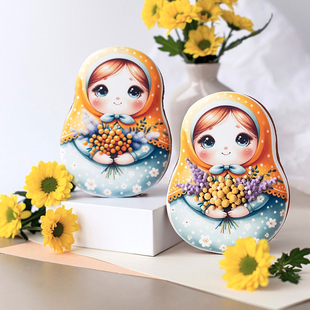 Имбирный пряник Матрешка с мимозами в коробке с лентой
