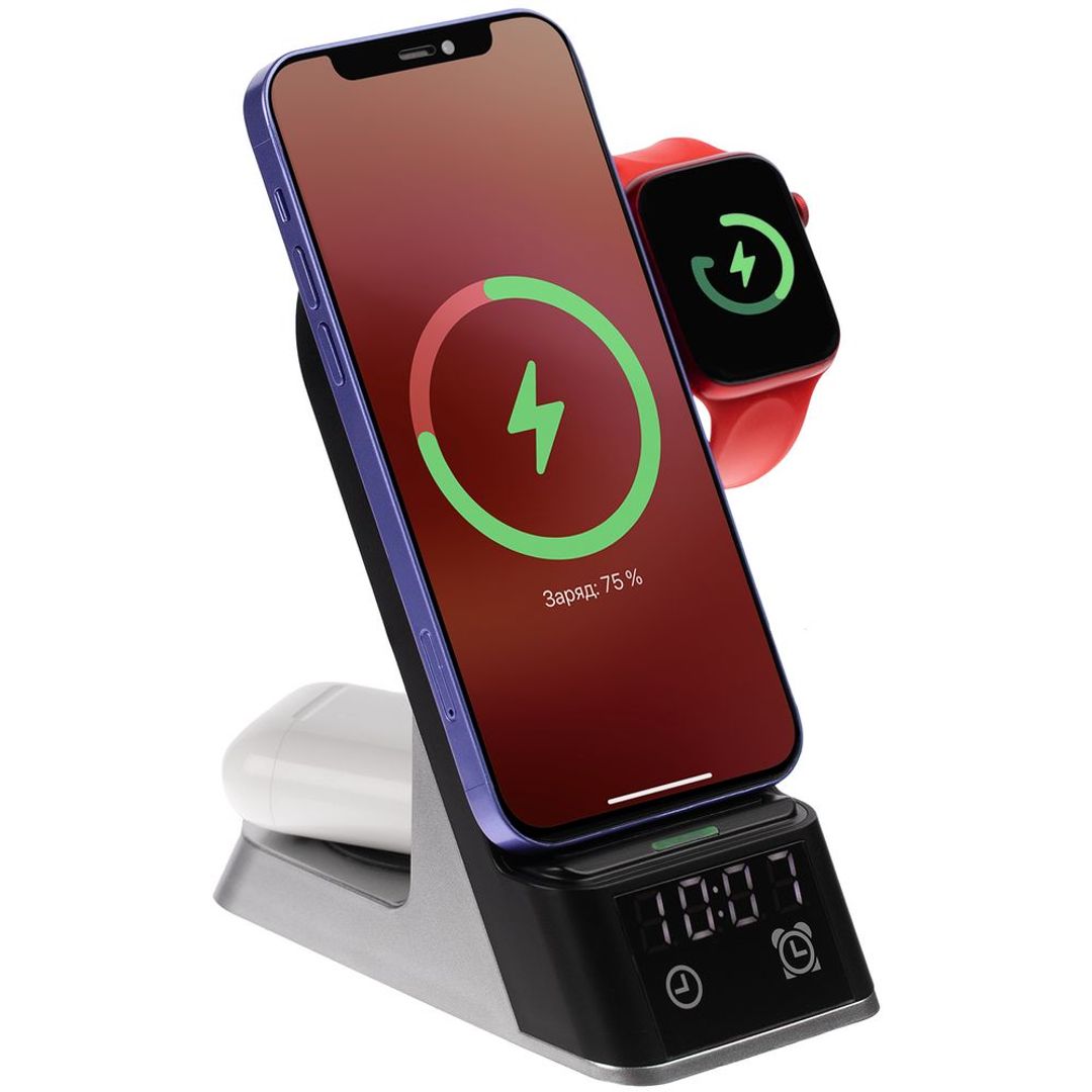 Зарядная станция c часами E-Store для смартфона, часов и наушников (Черная) Зарядная станция c часами E-Store для смартфона, часов и наушников (Черная)